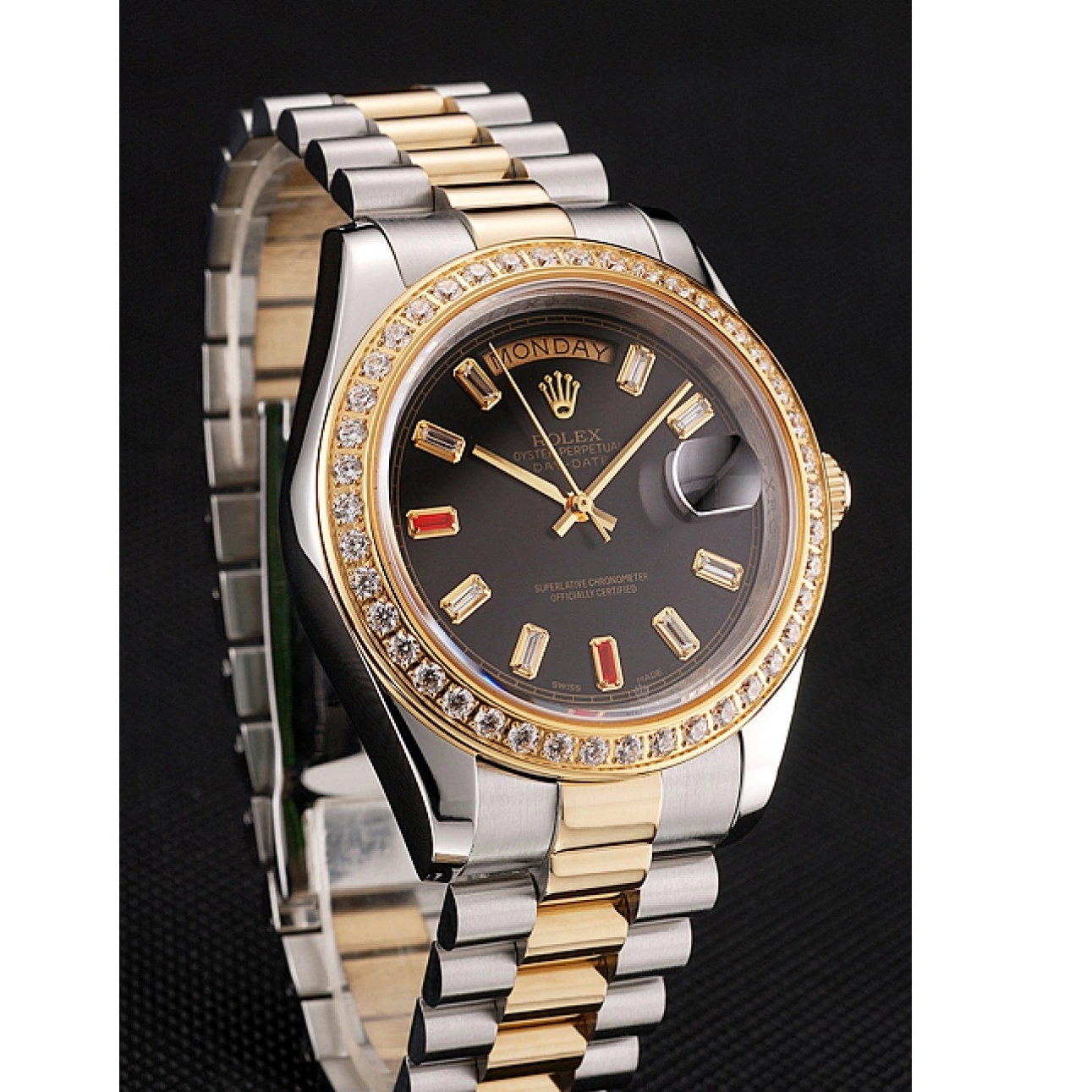 Aaa replica watch Rubies Tone Rolex Two Black Swiss And Dial Diamonds Day-Date Bracelet 1454105 0716